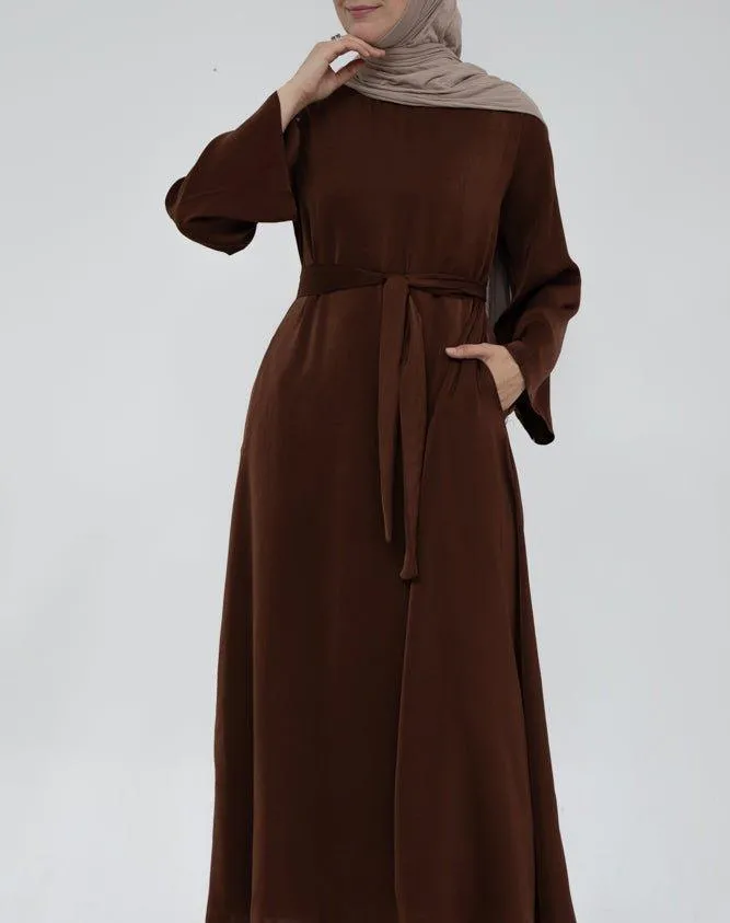 Yasmin Slip dress maxi length with a detachable belt and kimono sleeves in coffee