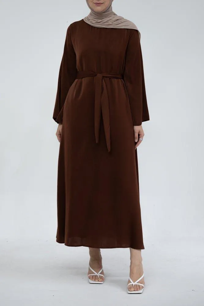 Yasmin Slip dress maxi length with a detachable belt and kimono sleeves in coffee