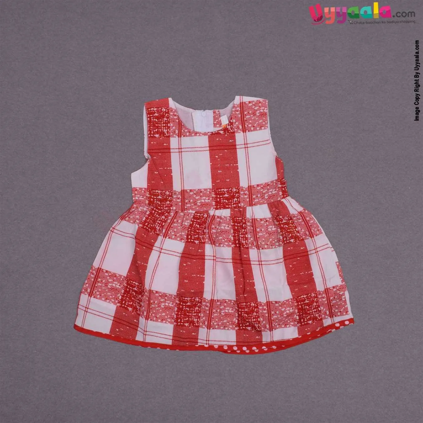 YELLOW DUCK cotton sleeveless party wear frock for baby girl, back open zip model with coat- red