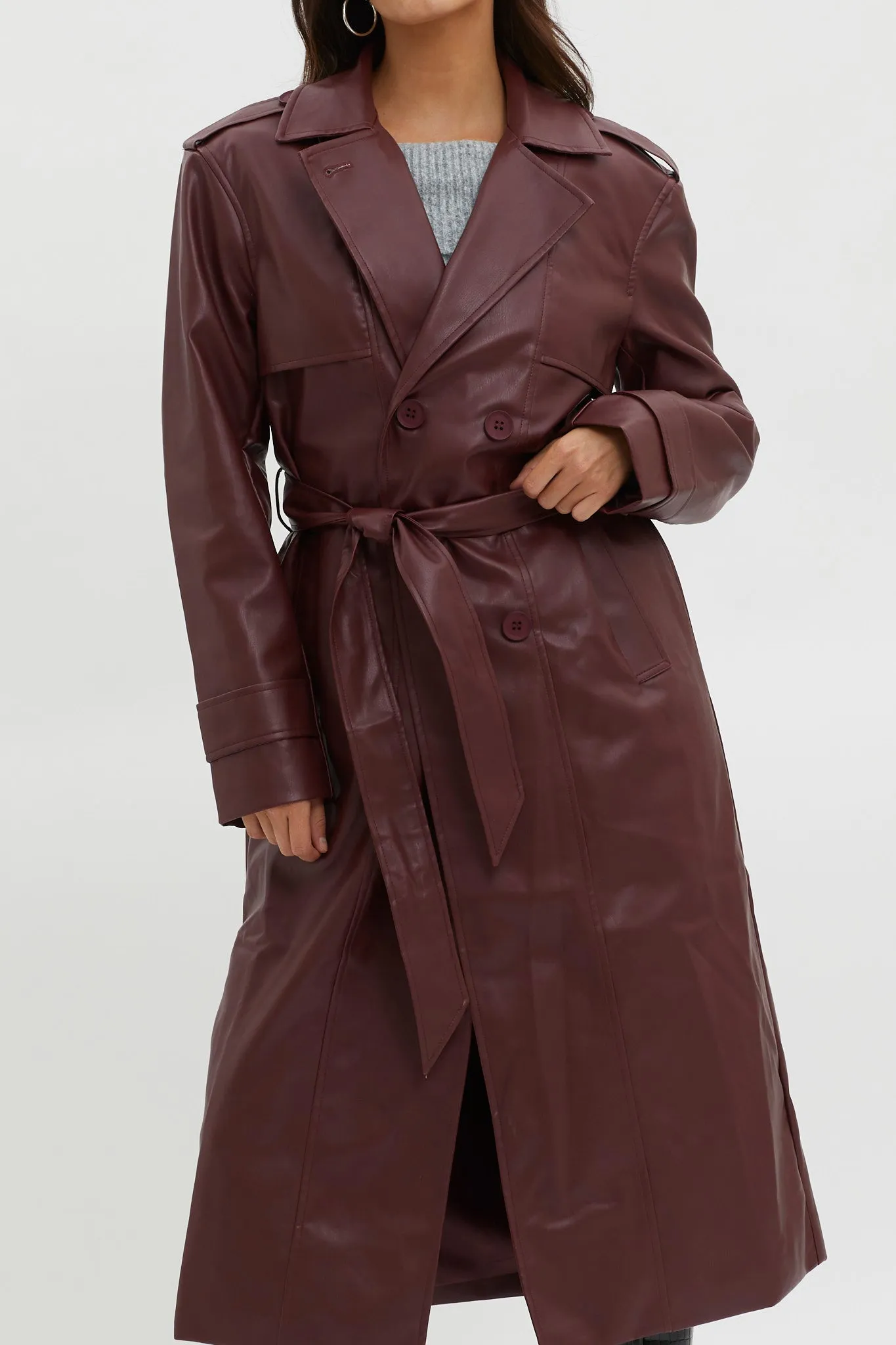 Zen Faux Leather Trench Coat Burgundy