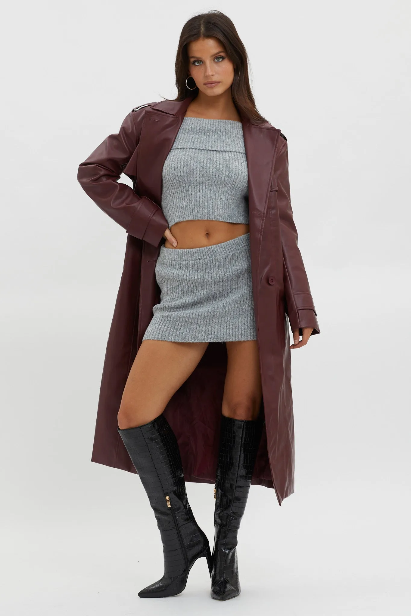 Zen Faux Leather Trench Coat Burgundy